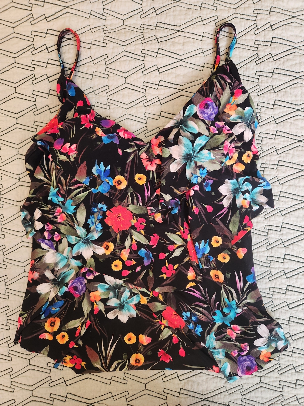 Floral V-Neck Cami Top with Ruffle Trim - Black Multi